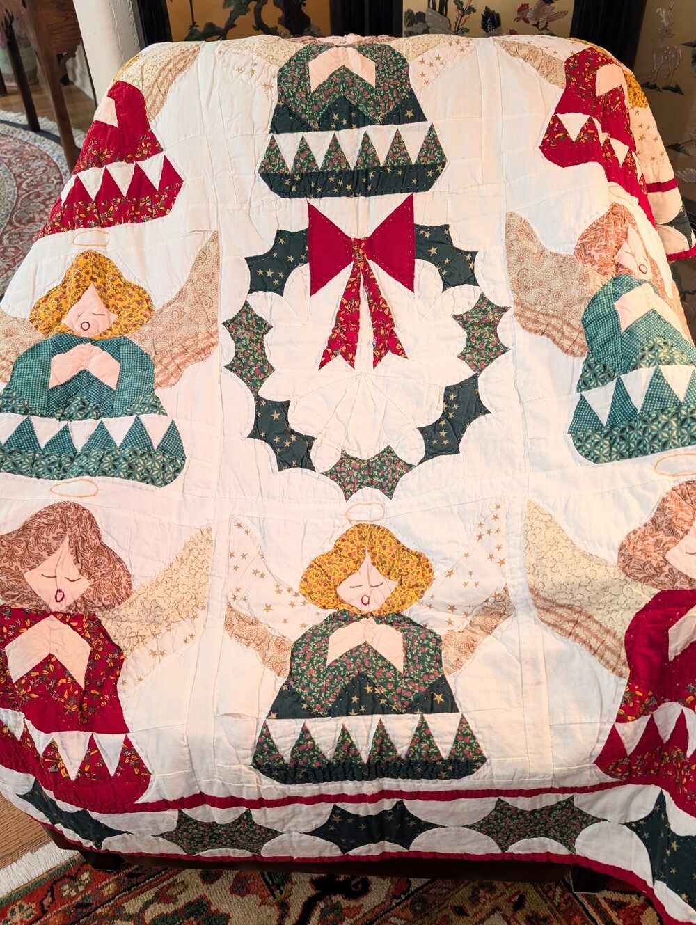 Vintage 90s Christmas Angel Handmade Quilt. GUC. 52" x 55"